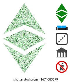 Dash Mosaic based on Ethereum classic icon. Mosaic vector Ethereum classic is composed with random dash items. Bonus icons are added.