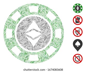 Dash Mosaic basiert auf Ethereum Casino Chip Symbol. Mosaik Vektorillustration Ethereum Casino Chip ist mit zufälligen Dash-Elemente gebildet. Bonussymbole werden hinzugefügt.
