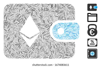 Dash Mosaic based on Ethereum billfold icon. Mosaic vector Ethereum billfold is composed with scattered dash spots. Bonus icons are added.