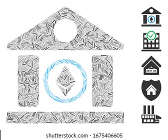 Dash Mosaic based on Ethereum corporation building icon. Mosaic vector Ethereum corporation building is formed with random dash elements. Bonus icons are added.