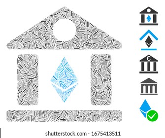Dash Mosaic basiert auf Ethereum Bank Building Symbol. Mosaik Vektorillustration Ethereum Bankgebäude wird mit randomisierten Dash-Artikel erstellt. Bonussymbole werden hinzugefügt.