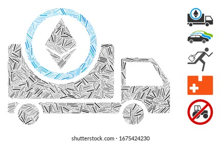 Dash Mosaic based on Ethereum delivery truck icon. Mosaic vector Ethereum delivery truck is designed with scattered dash items. Bonus icons are added.