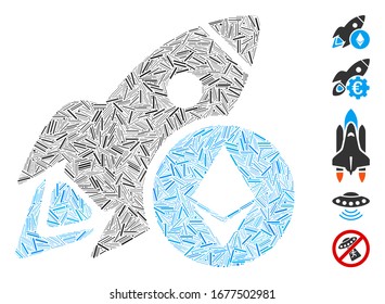Dash Mosaic based on Ethereum rocket icon. Mosaic vector Ethereum rocket is created with randomized dash items. Bonus icons are added.