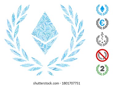Dash Mosaic based on Ethereum crystal laureal wreath icon. Mosaic vector Ethereum crystal laureal wreath is composed with randomized dash elements. Bonus icons are added.