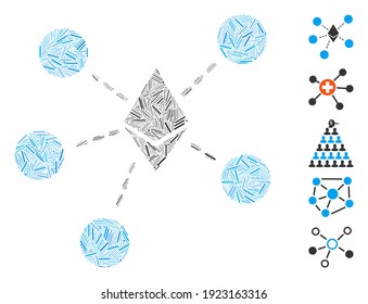 Dash Mosaic basierend auf Ethereum Netzstruktur Symbol. Mosaik Vektor Ethereum Netzstruktur besteht aus randomisierten Dash-Elemente. Bonussymbole werden hinzugefügt.