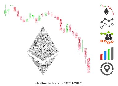 Dash Mosaic based on Ethereum fall chart icon. Mosaic vector Ethereum fall chart is created with scattered dash dots. Bonus icons are added.