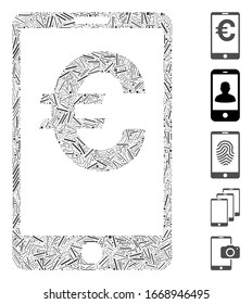 Dash Mosaic auf der Grundlage von Euro Mobile Balance Icon. Mosaik Vektorillustration Euro Mobile Balance ist mit zufälligen Dash-Artikel konzipiert. Bonussymbole werden hinzugefügt.