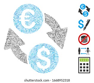 Dash Mosaic based on Euro money exchange icon. Mosaic vector Euro money exchange is composed with scattered dash dots. Bonus icons are added.