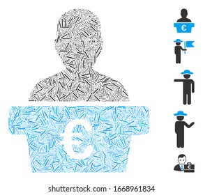Dash Mosaic based on Euro politician icon. Mosaic vector Euro politician is designed with random dash elements. Bonus icons are added.