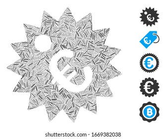 Dash Mosaic basado en el icono de la etiqueta Euro price. Vector mosaico La etiqueta de precio Euro está diseñada con puntos de guiones aleatorios. Se agregan iconos de bonificación.