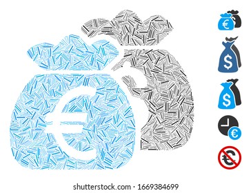 Dash Mosaic based on Euro money bags icon. Mosaic vector Euro money bags is created with randomized dash dots. Bonus icons are added.