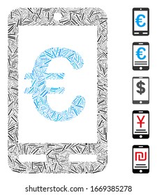 Dash Mosaic based on Euro mobile bank icon. Mosaic vector Euro mobile bank is formed with randomized dash spots. Bonus icons are added.