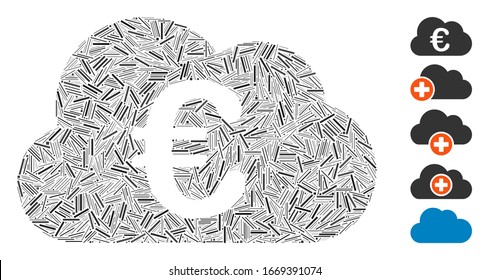 Dash Mosaic basado en el icono de la nube de Euro. Vector mosaico La nube de euro se forma con elementos de rayas dispersas. Se agregan iconos de bonificación.