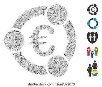 Dash Mosaic based on Euro collaboration icon. Mosaic vector Euro collaboration is created with scattered dash dots. Bonus icons are added.