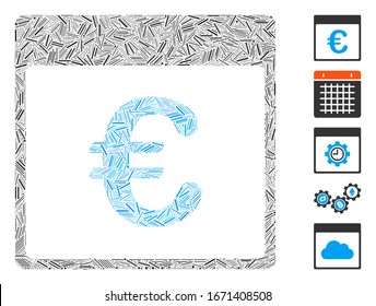 Dash Mosaic based on Euro currency calendar page icon. Mosaic vector Euro currency calendar page is created with random dash elements. Bonus icons are added.