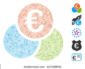 Dash Mosaic basado en el icono de las finanzas del euro. Las finanzas del euro vectorial mosaico se crean con elementos de guiones dispersos. Se agregan iconos de bonificación.