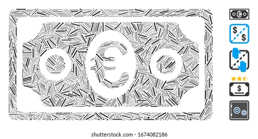 Dash Mosaic basado en el icono del billete en euros. Vector de mosaico El billete en euros está diseñado con puntos de guiones aleatorios. Se agregan iconos de bonificación.
