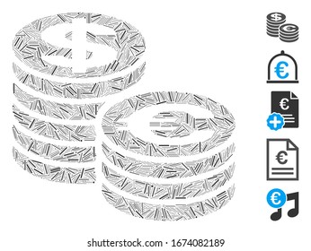 Dash Mosaic based on Euro and Dollar coin columns icon. Mosaic vector Euro and Dollar coin columns is designed with randomized dash elements. Bonus icons are added.