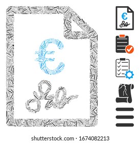 Dash Mosaic based on Euro invoice icon. Mosaic vector Euro invoice is composed with scattered dash dots. Bonus icons are added.