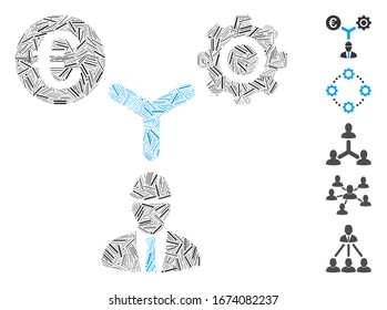 Dash Mosaic basado en el icono de las relaciones de desarrollo del Euro. vector mosaico Las relaciones de desarrollo del euro se crean con elementos de guiones dispersos. Se agregan iconos de bonificación.