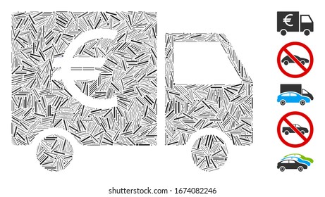 Dash Mosaic based on Euro car icon. Mosaic vector Euro car is created with random dash items. Bonus icons are added.