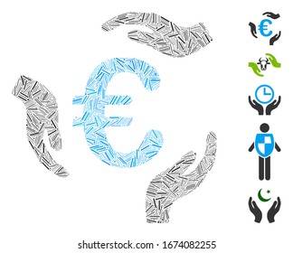 Dash Mosaic basierend auf Euro Care Händen Symbol. Mosaike Vektorillustration Euro Pflegepersonen besteht aus zerstreuten Bindemitteln. Bonussymbole werden hinzugefügt.