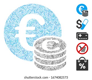 Dash Mosaic basado en el icono de la pila de monedas de euro. Vector mosaico La pila de monedas en euros está compuesta por puntos de guiones dispersos. Se agregan iconos de bonificación.