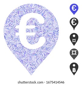 Dash Mosaic based on Euro map marker icon. Mosaic vector Euro map marker is designed with scattered dash spots. Bonus icons are added.