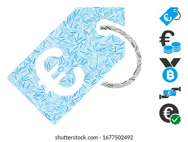 Dash Mosaic based on Euro tag icon. Mosaic vector Euro tag is designed with scattered dash dots. Bonus icons are added.