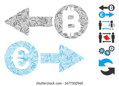 Dash Mosaic based on Euro Bitcoin exchange icon. Mosaic vector Euro Bitcoin exchange is created with random dash elements. Bonus icons are added.
