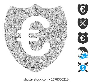 Dash Mosaic based on Euro shield icon. Mosaic vector Euro shield is created with random dash spots. Bonus icons are added.