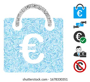 Dash Mosaic based on Euro shopping bag icon. Mosaic vector Euro shopping bag is created with randomized dash items. Bonus icons are added.