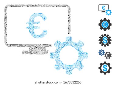 Dash Mosaic based on Euro online bank options icon. Mosaic vector Euro online bank options is created with scattered dash spots. Bonus icons are added.