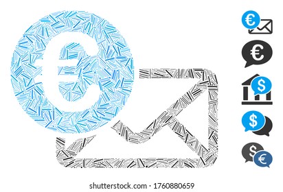 Dash Mosaic based on Euro message icon. Mosaic vector Euro message is formed with randomized dash dots. Bonus icons are added.