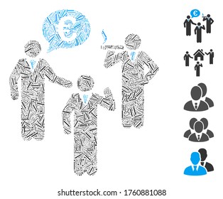 Dash Mosaic basado en Euro discute el ícono de la gente. Vector de mosaico El Euro discute a la gente se crea con elementos de guiones aleatorios. Se agregan iconos de bonificación.