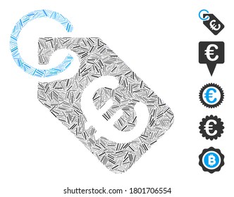 Dash Mosaic basado en el icono de la etiqueta Euro. Vector de mosaico La etiqueta Euro está diseñada con elementos de trama dispersa. Se agregan iconos de bonificación.