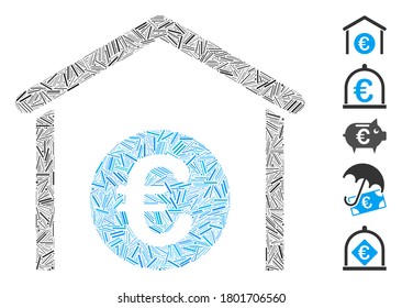 Dash Mosaic basado en el icono del garaje de almacenamiento Euro. Vector de mosaico El garaje de almacenamiento en euros está diseñado con artículos de guión al azar. Se agregan iconos de bonificación.