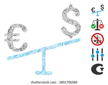 Dash Mosaic basado en el ícono del balancín Euro Dollar. Vector de mosaico El balanceo del Euro Dólar se crea con elementos de guiones dispersos. Se agregan iconos de bonificación.