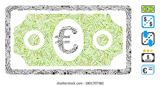 Dash Mosaic auf der Grundlage der Euro-Banknote Symbol. Mosaik Vektor-Euro-Banknote besteht aus verstreuten Strichpunkten. Bonussymbole werden hinzugefügt.
