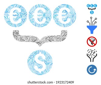 Dash Mosaic based on Euro Dollar conversion aggregator icon. Mosaic vector Euro Dollar conversion aggregator is formed with random hatch spots. Bonus icons are added.