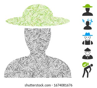 Dash Mosaic based on farmer person icon. Mosaic vector farmer person is composed with random dash items. Bonus icons are added.