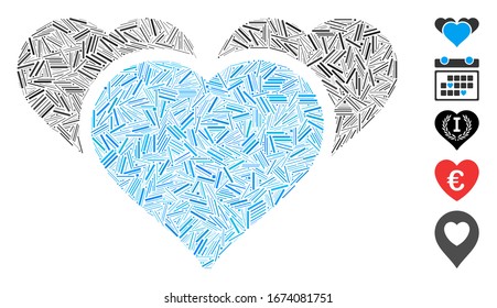Dash Mosaic based on favourite hearts icon. Mosaic vector favourite hearts is composed with scattered dash dots. Bonus icons are added.