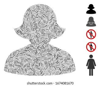 Dash Mosaic basado en icono femenino. La hembra vectorial mosaico se crea con puntos de guión aleatorizados. Se agregan iconos de bonificación.