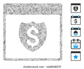 Dash Mosaic based on financial shield calendar page icon. Mosaic vector financial shield calendar page is formed with scattered dash items. Bonus icons are added.