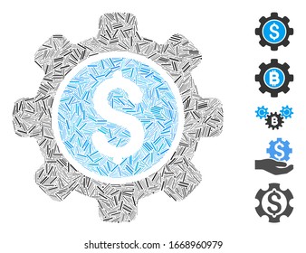 Dash Mosaic based on financial options gear icon. Mosaic vector financial options gear is composed with randomized dash elements. Bonus icons are added.