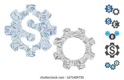 Dash Mosaic based on financial gears icon. Mosaic vector financial gears is formed with randomized dash spots. Bonus icons are added.
