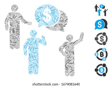 Dash Mosaic based on financial discussion group icon. Mosaic vector financial discussion group is created with random dash items. Bonus icons are added.