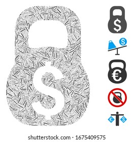 Dash Mosaic basado en el icono del peso financiero. El peso financiero del vector mosaico se crea con puntos de guión dispersos. Se agregan iconos de bonificación.