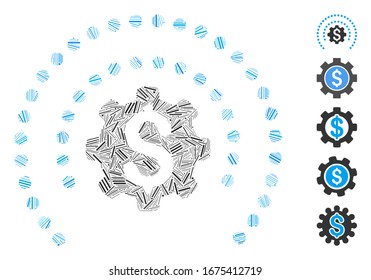 Dash Mosaic basado en la protección del sector financiero icono de esfera de puntos. La esfera de la protección del sector financiero vector mosaico se forma con puntos de guiones aleatorios. Se agregan iconos de bonificación.