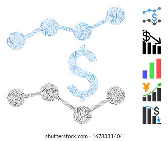 Dash Mosaic basierend auf Finanztrends Symbol. Die Finanztrends der Mosaik-Vektorillustration werden mit randomisierten Lukenflecken gebildet. Bonussymbole werden hinzugefügt.